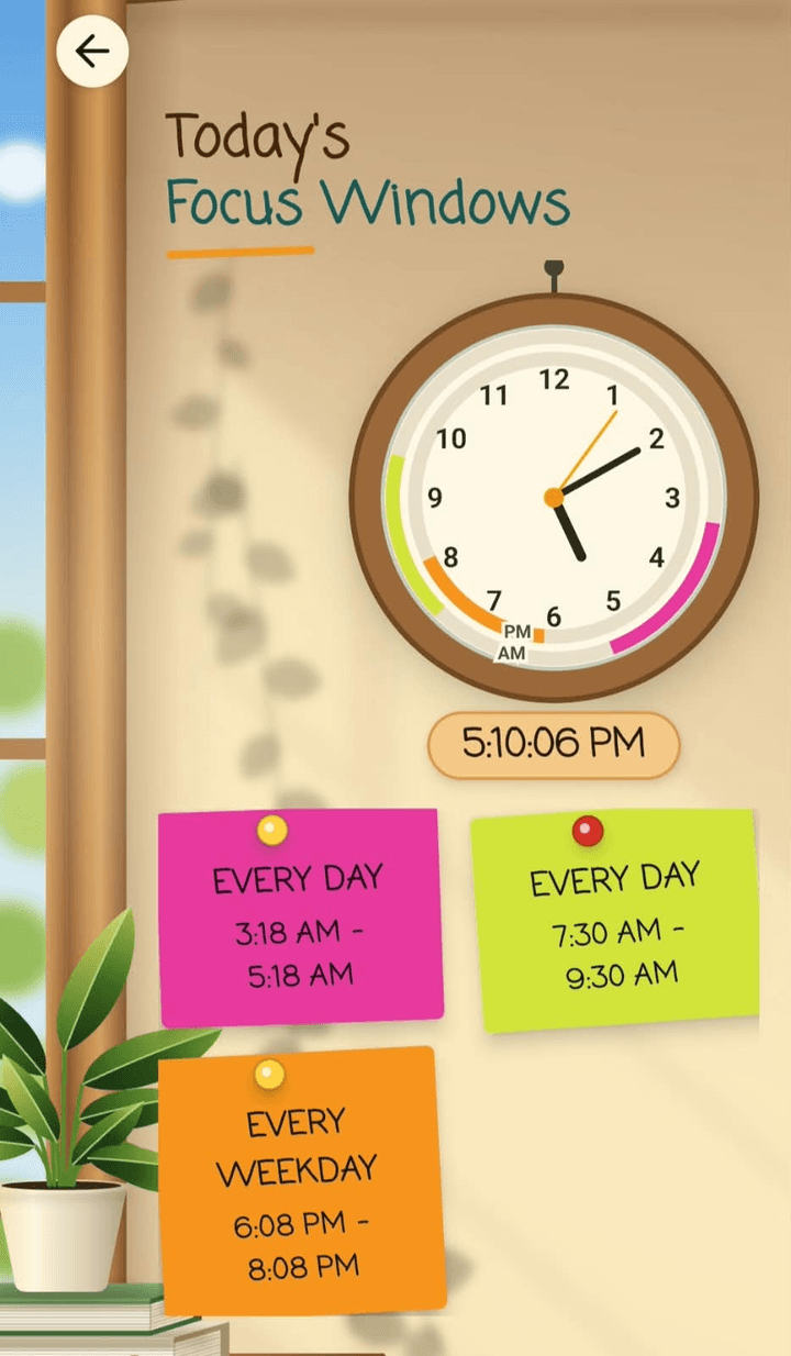 The app's day clock, with colored focus windows around its dial