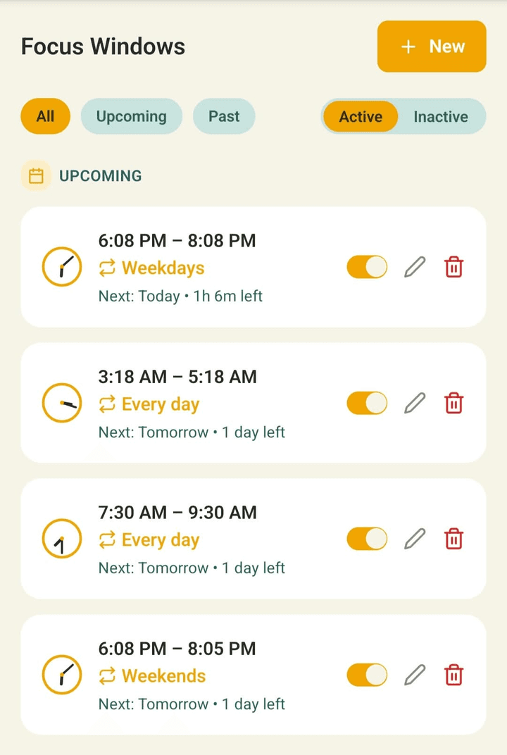 Focus Windows screen with upcoming weekday, weekend, and daily schedules